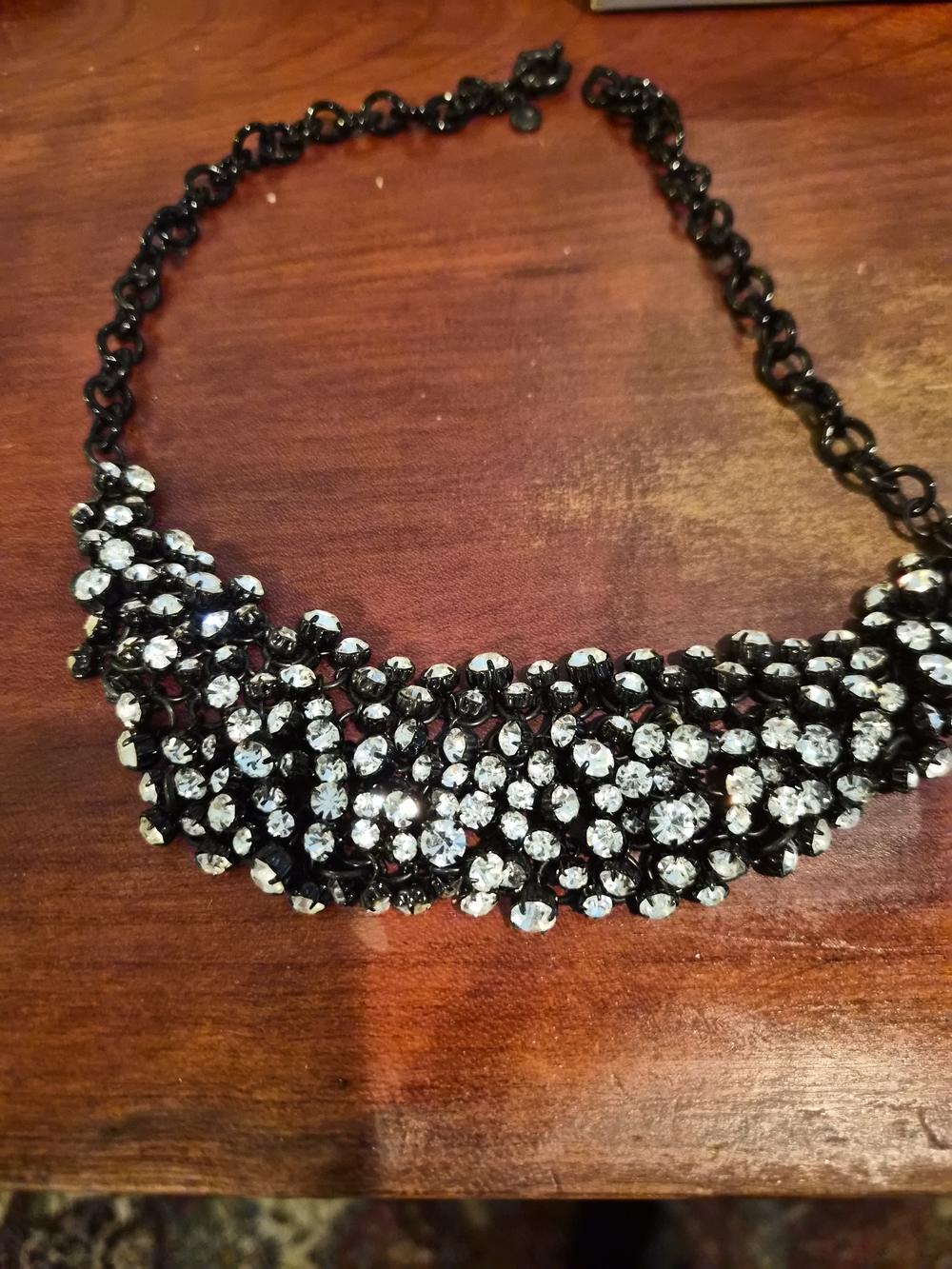 J.Crew 2011 Black Gunmetal Clear Rhinestone Cluster Bib Statement Necklace